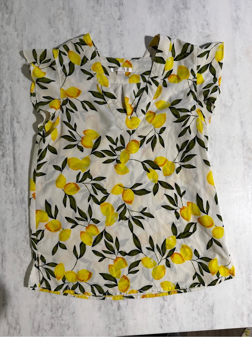 Sheer White Lemon Print Flutter Sleeve Italy Almafi Coast Print Blouse medium